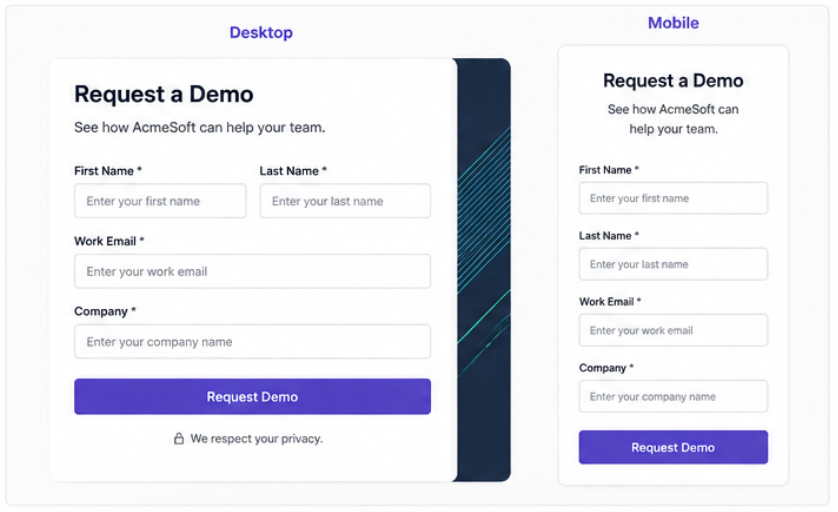 A "Request a Demo" Marketo form shown on desktop with two-column fields and on mobile with single-column stacked fields and a full-width submit button.