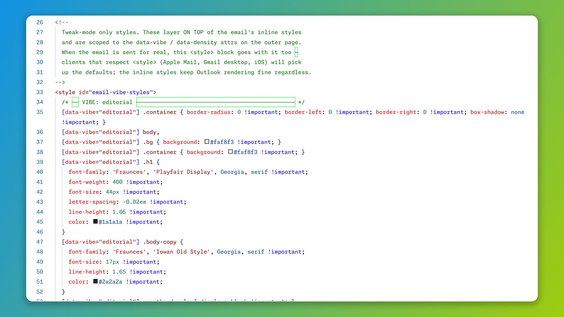 Code view of the CSS that Tweaks adds to the export