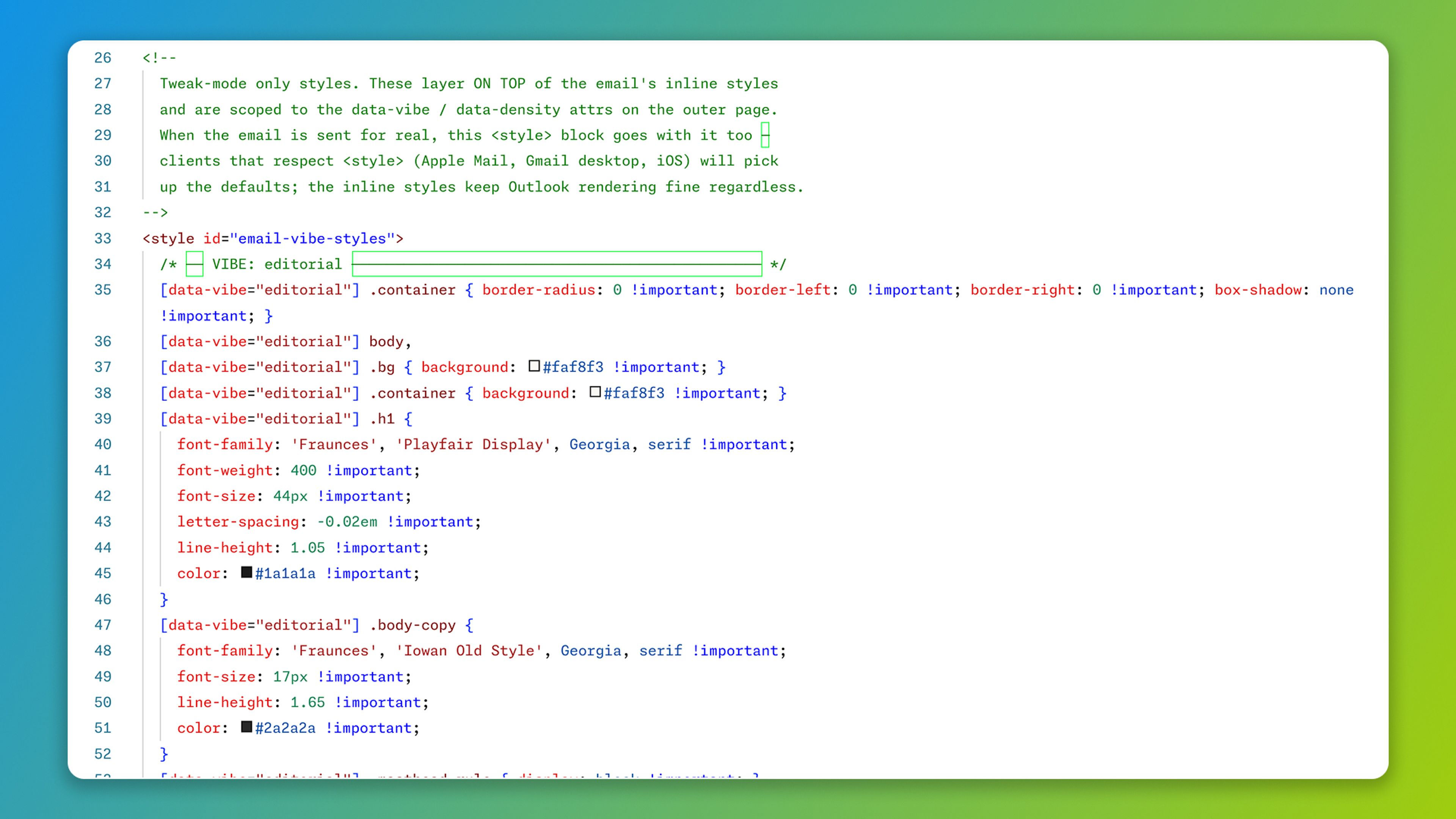 Code view of the CSS that Tweaks adds to the export