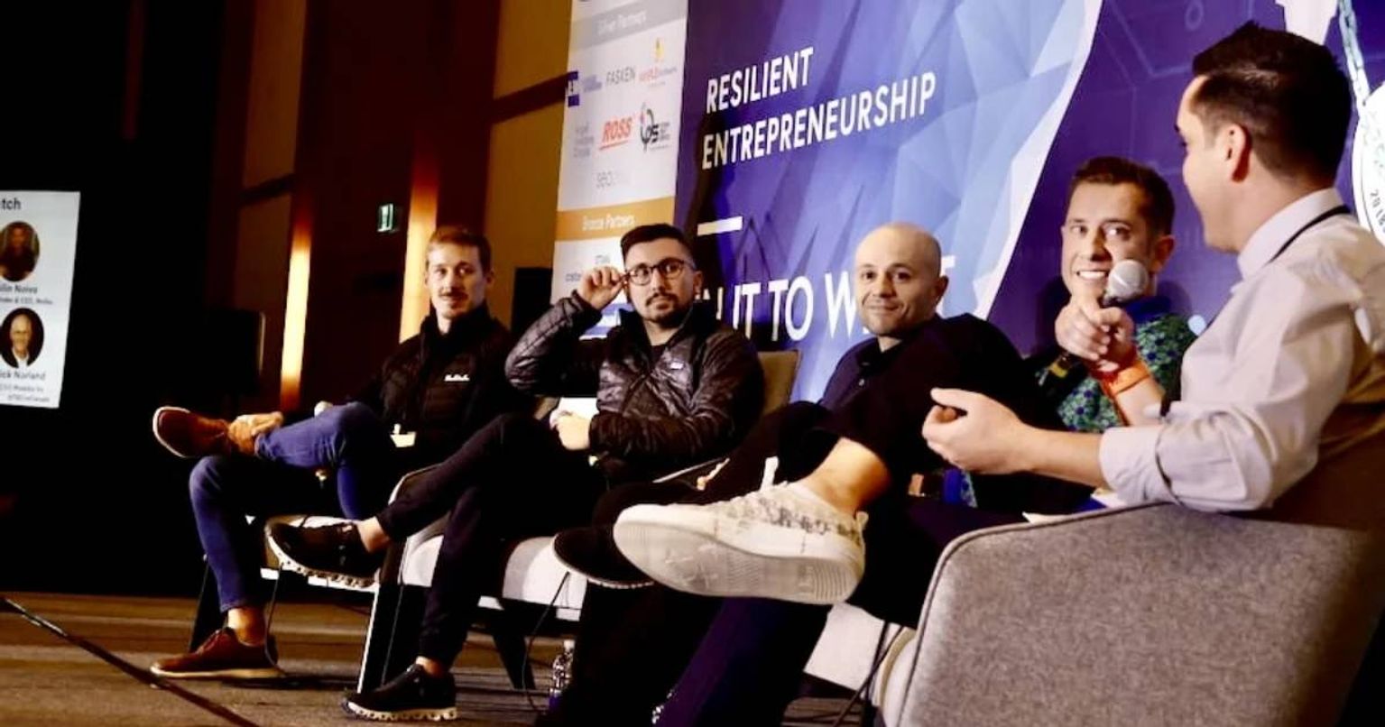 From left, Ottawa-based entrepreneurs David Gaylord (Bushbalm Skincare), Kailin Noivo (Noibu), Aydin Mirzaee (Fellow.app), Pierce Ujjainwalla (Knak) and Alok Ahuja (Trexity) were part of the Top Ottawa Startups to Watch discussion held Oct. 27, 2022, at Brookstreet Hotel during TiE Ottawa's TiECON Canada 2022 conference. Photo by Caroline Phillips