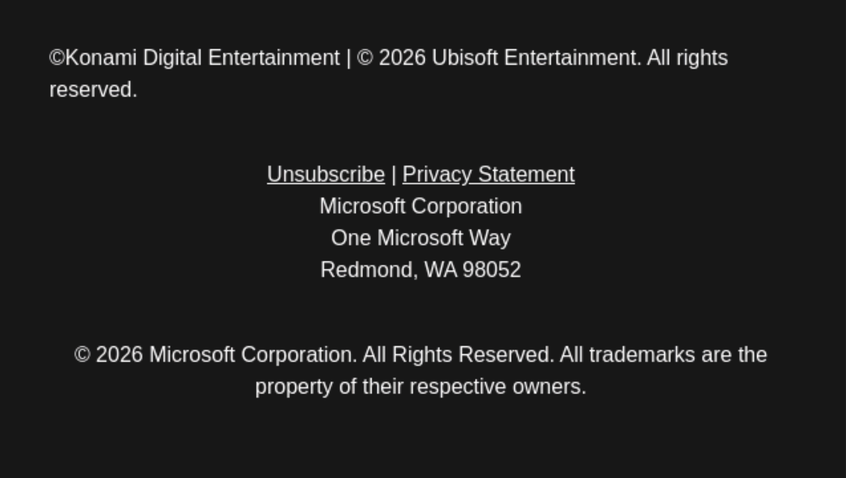 A minimal email footer for Microsoft showing the company name, the address "One Microsoft Way, Redmond, WA 98052," and underlined Unsubscribe and Privacy Statement links.