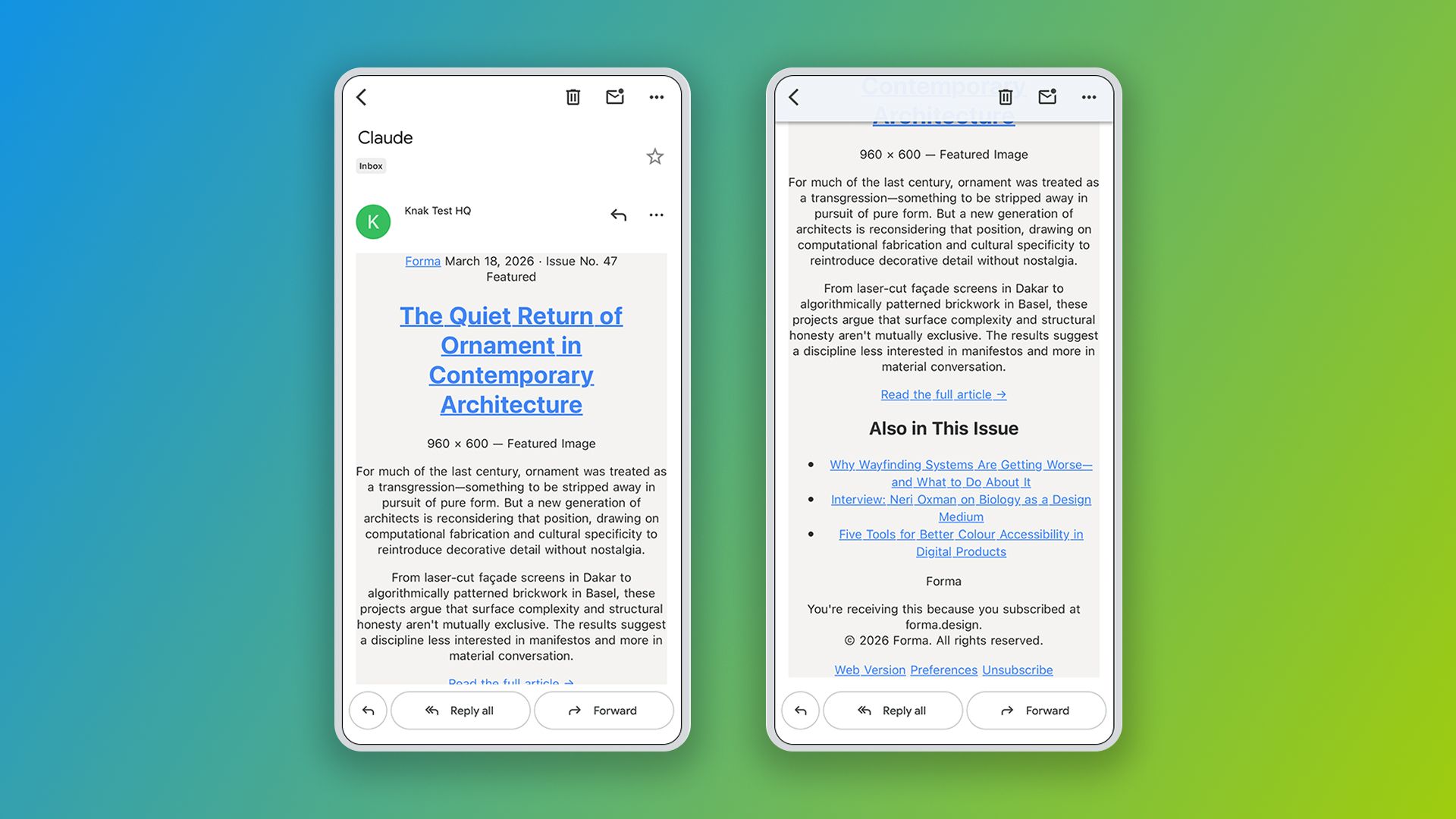 Claude's design newsletter in the Gmail app on iOS with a non-Google account.