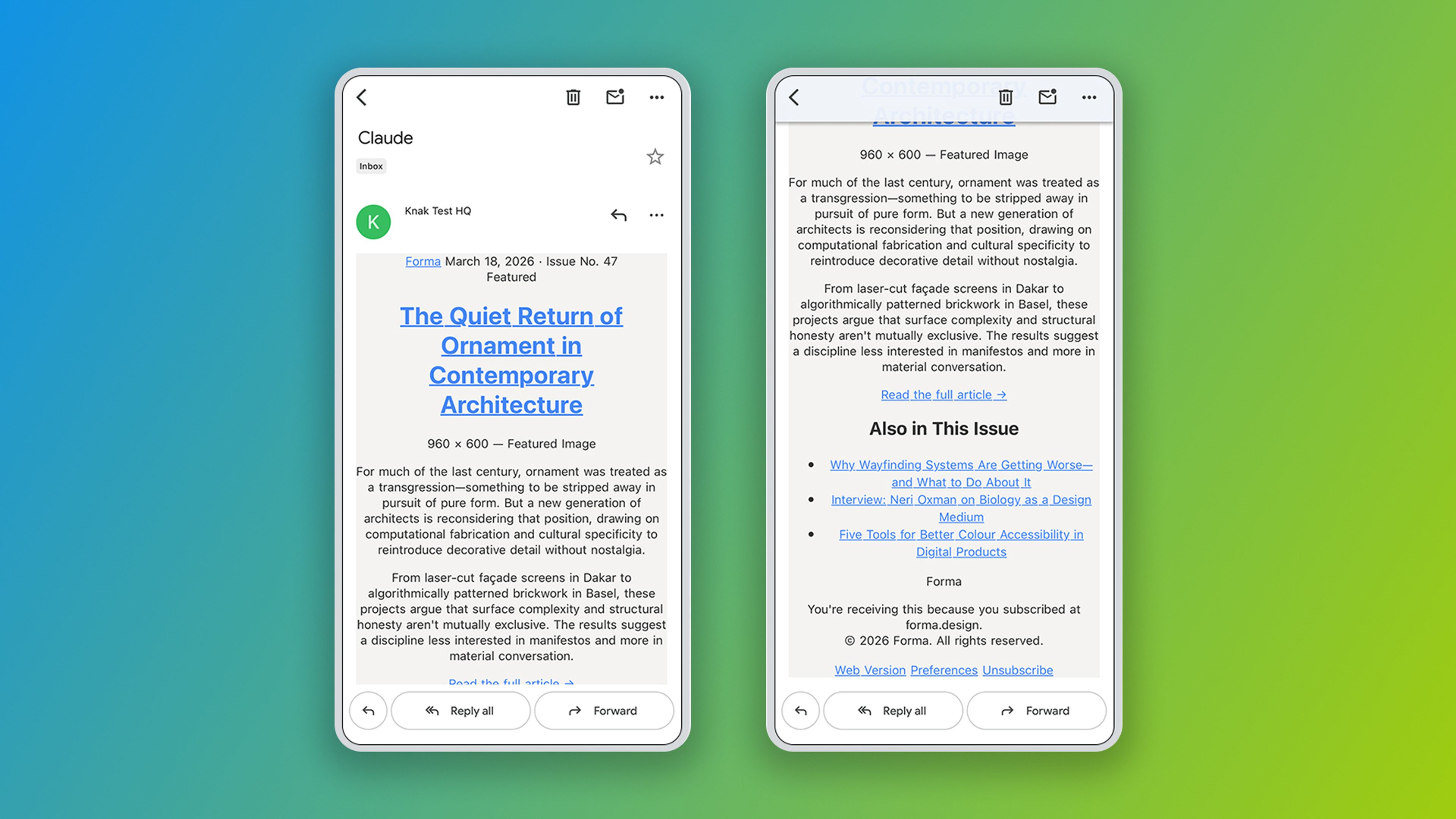 Claude's design newsletter in the Gmail app on iOS with a non-Google account.