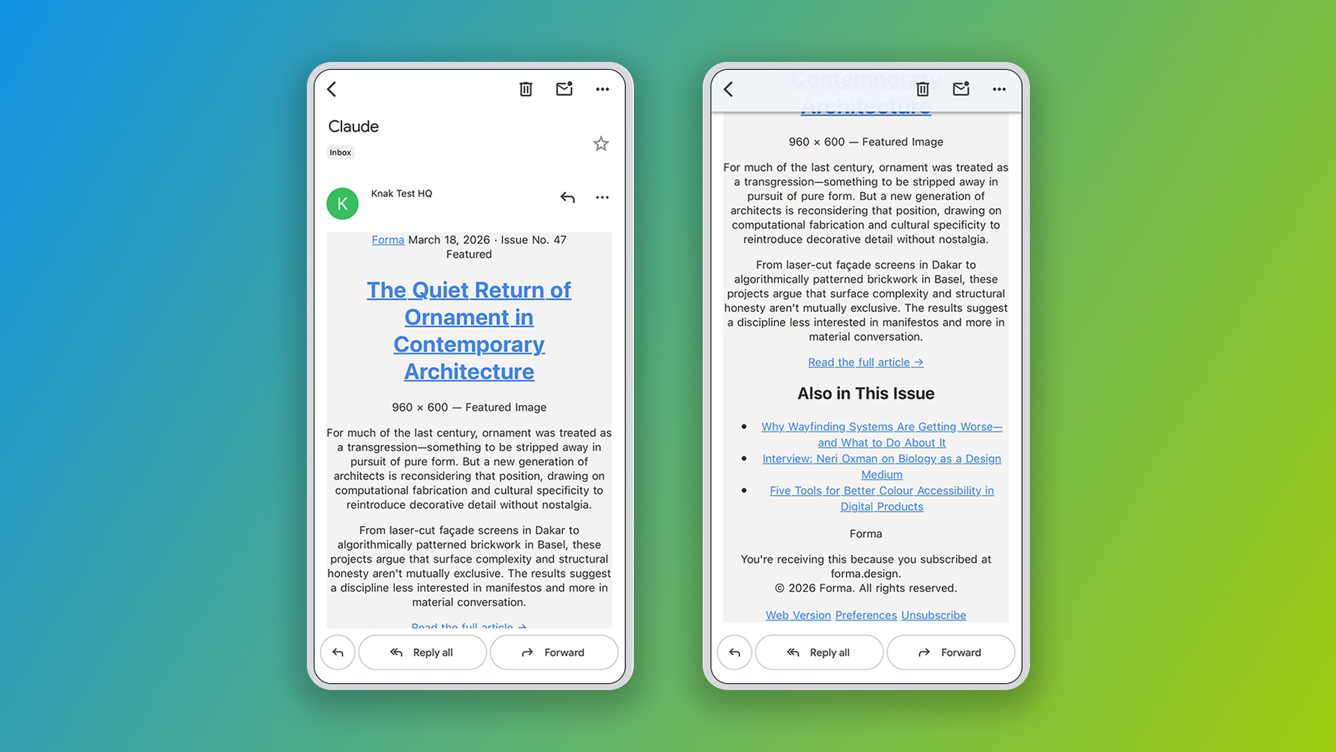 Claude's design newsletter in the Gmail app on iOS with a non-Google account.