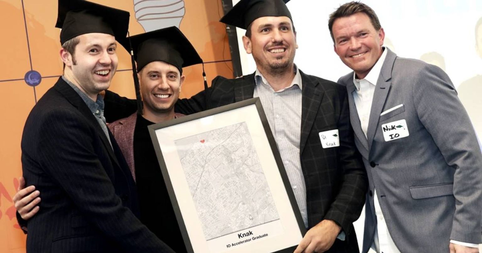 From left, Brendan Farnand, co-founder and CCO of Knak, with co-founder and CEO Pierce Ujjainwalla, and co-founder and CTO Patrick Proulx at Invest Ottawa’s IO Accelerator Graduation Party, held Tuesday, April 4, 2023 at Bayview Yards. Photo by Caroline Phillips