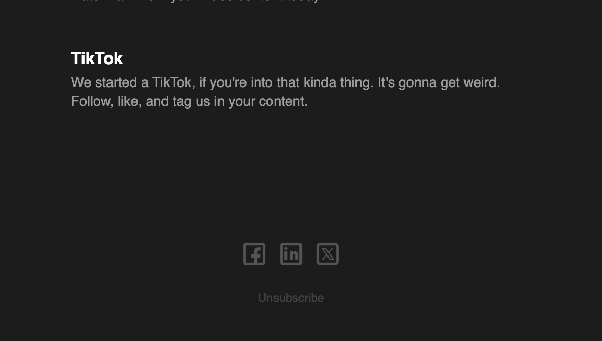 A dark email footer for TikTok with small, low-contrast grey text, faint social icons, and no clearly visible unsubscribe link or mailing address.