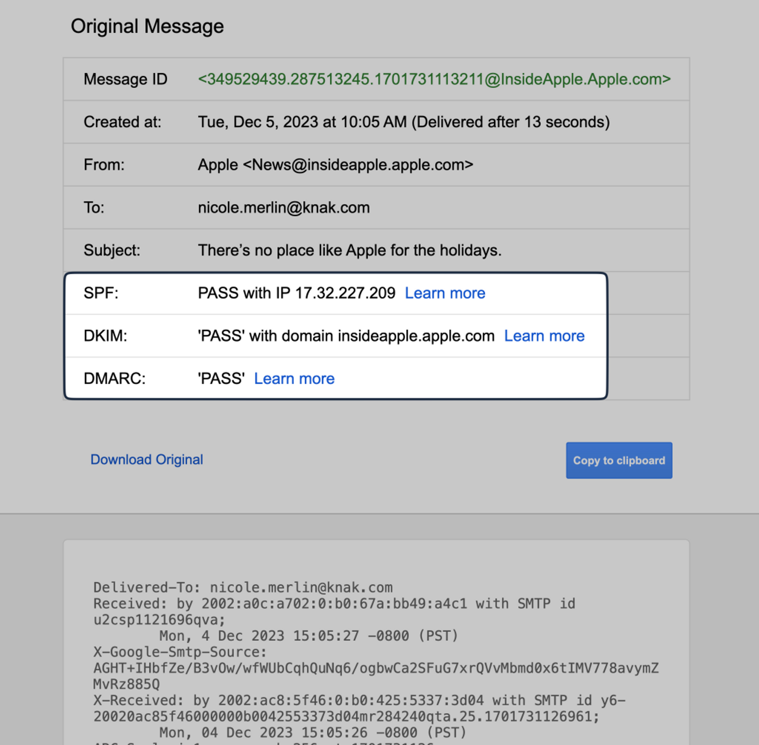 An example of a DMARC "pass" from Apple.