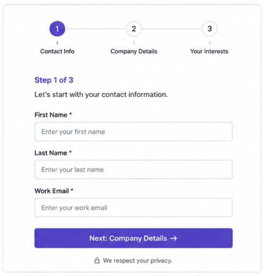 A Marketo form showing "Step 1 of 3" with a progress bar across Contact Info, Company Details, and Your Interests; the first step collects name and work email.