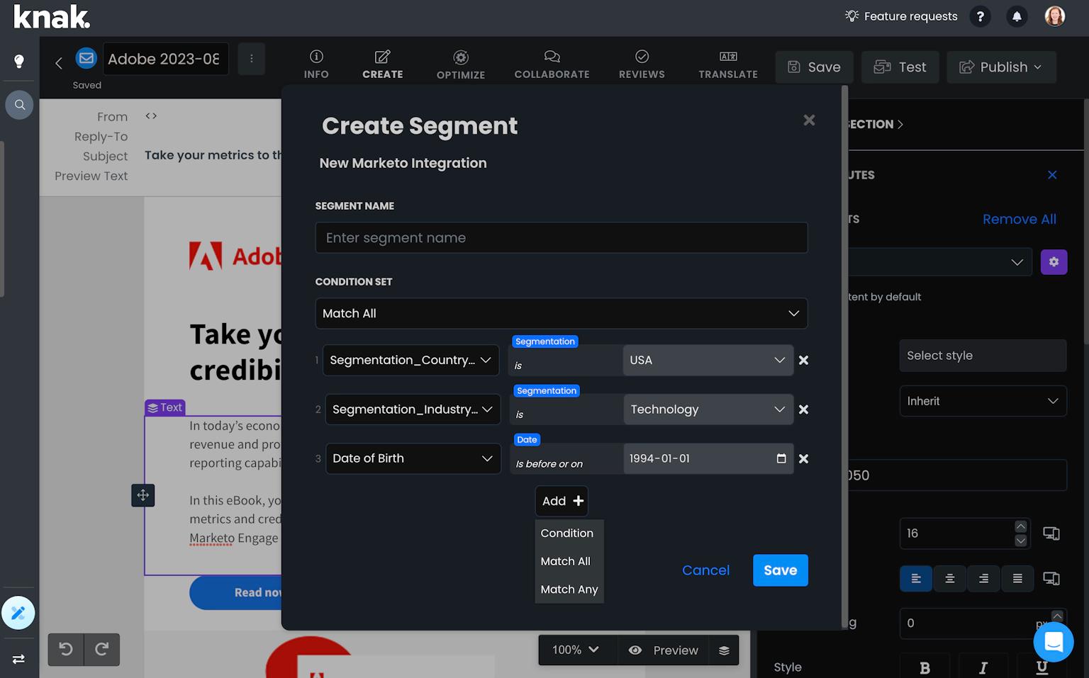 creating segments on the fly in Knak