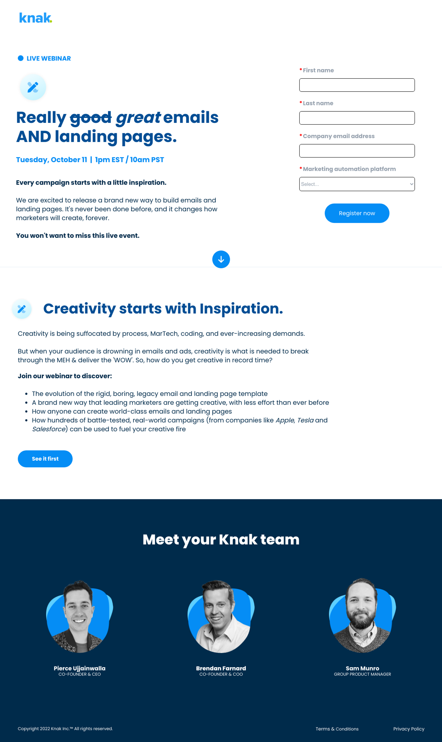 Knak webinar landing page template