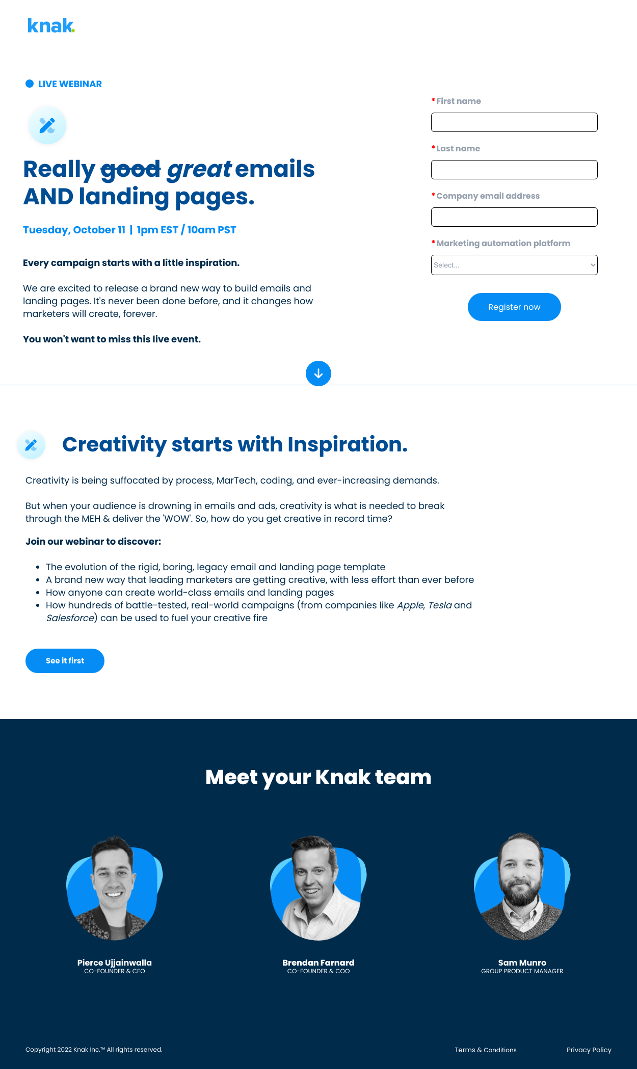 Knak webinar landing page template