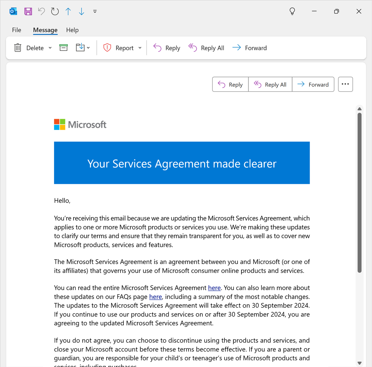 A recent Microsoft email in Outlook Classic with the feature active