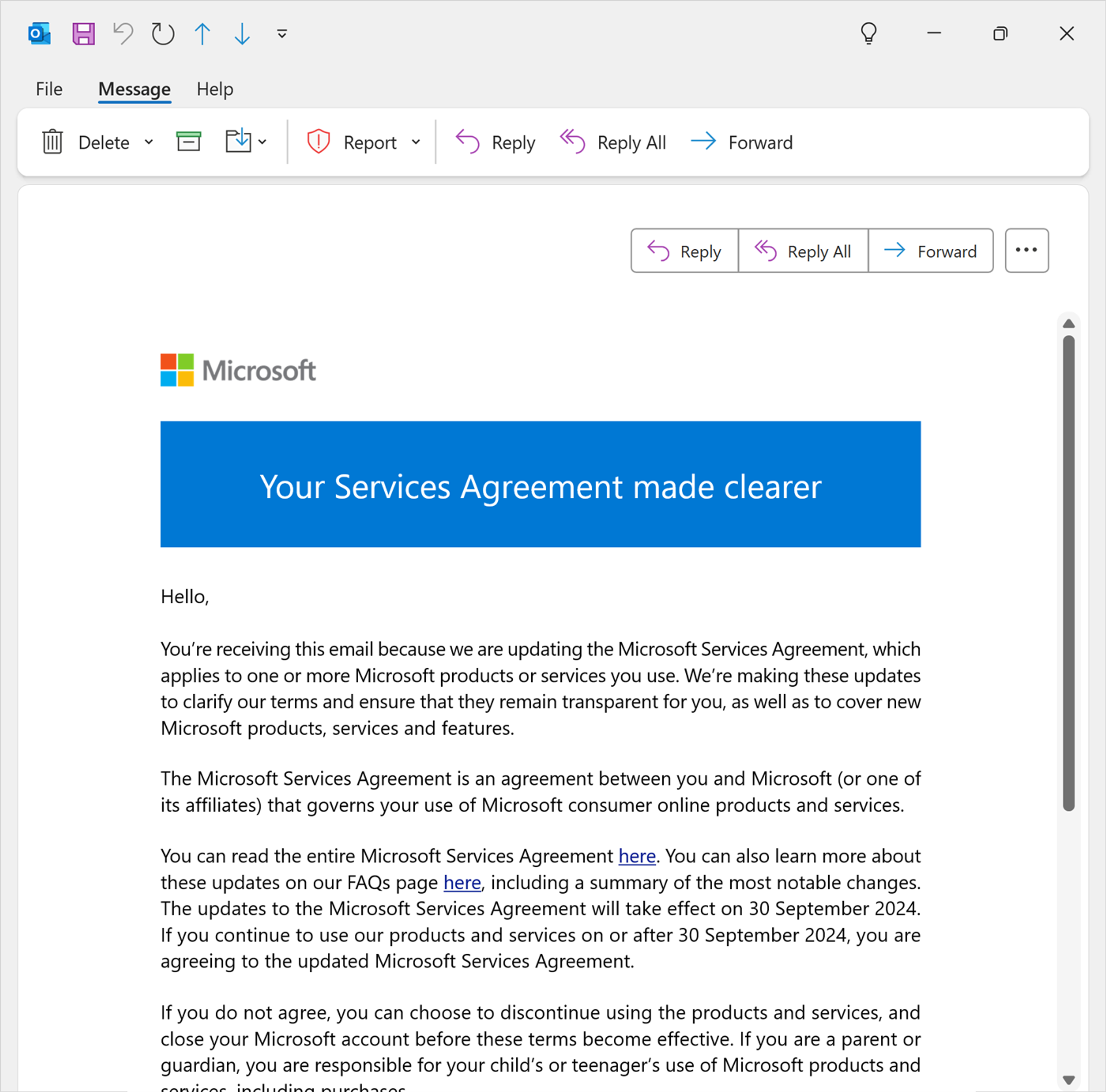 A recent Microsoft email in Outlook Classic with the feature active