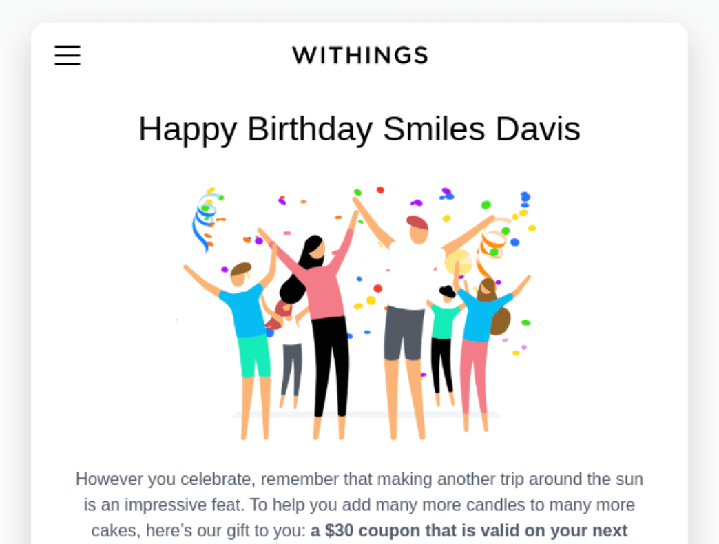 A Withings email header with the brand name centered and the personalized headline "Happy Birthday Smiles Davis" above a celebratory illustration.