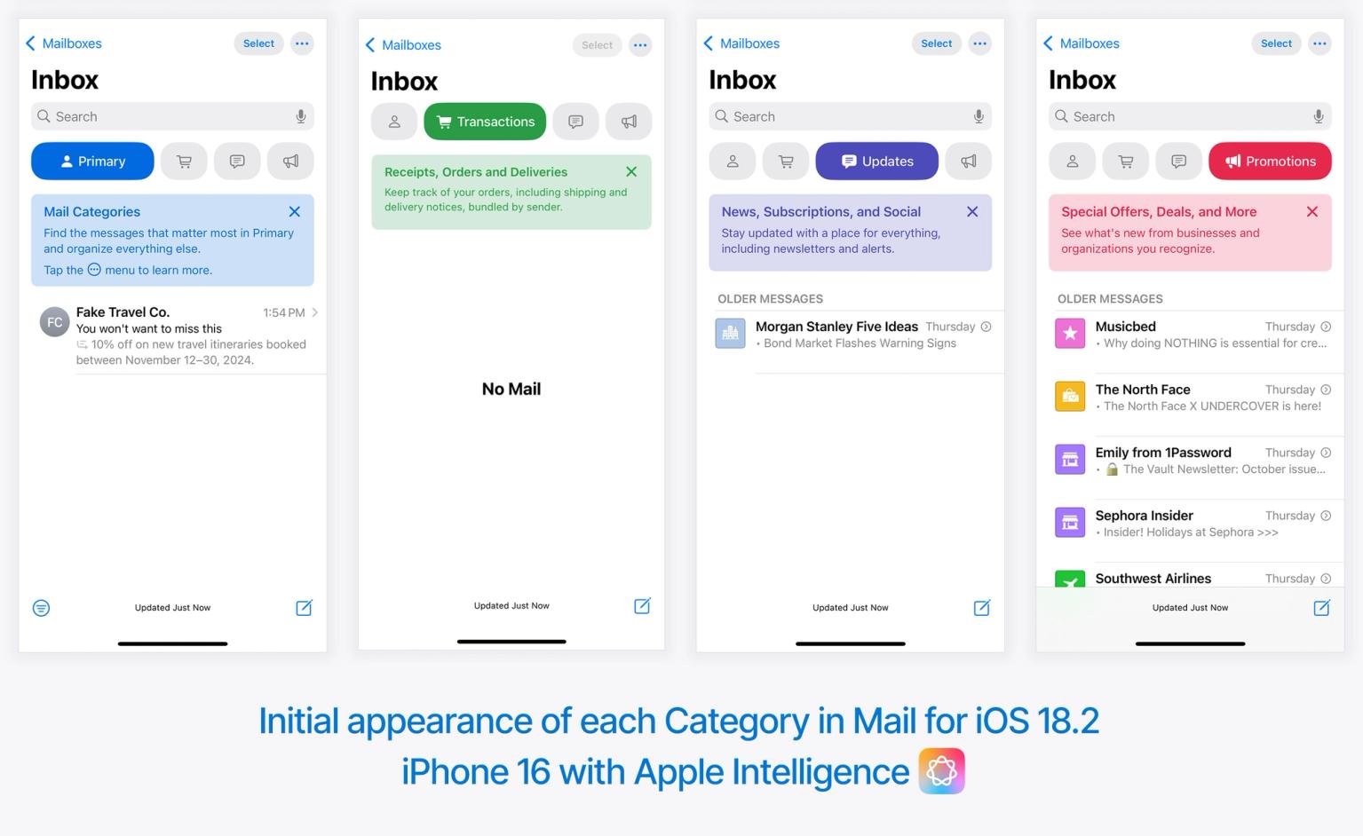 Initial appearance of each Category in Mail for iOS18.2 iPhone 16 with Apple Intelligence