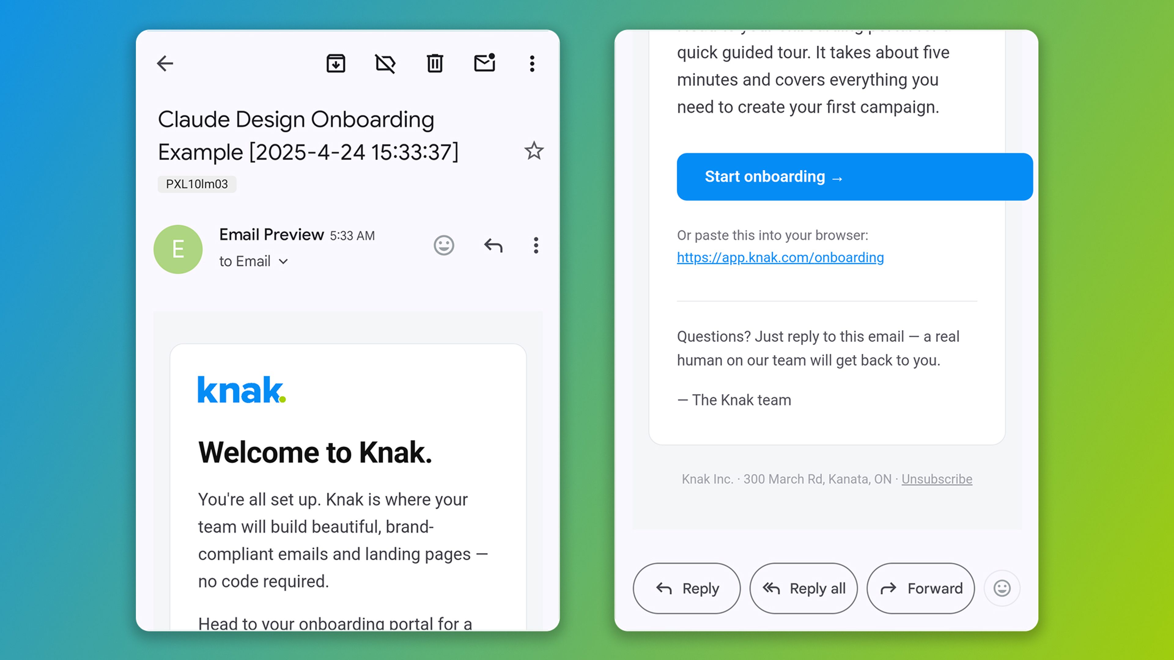 Onboarding email on Gmail app for Android 16 showing misaligned CTA