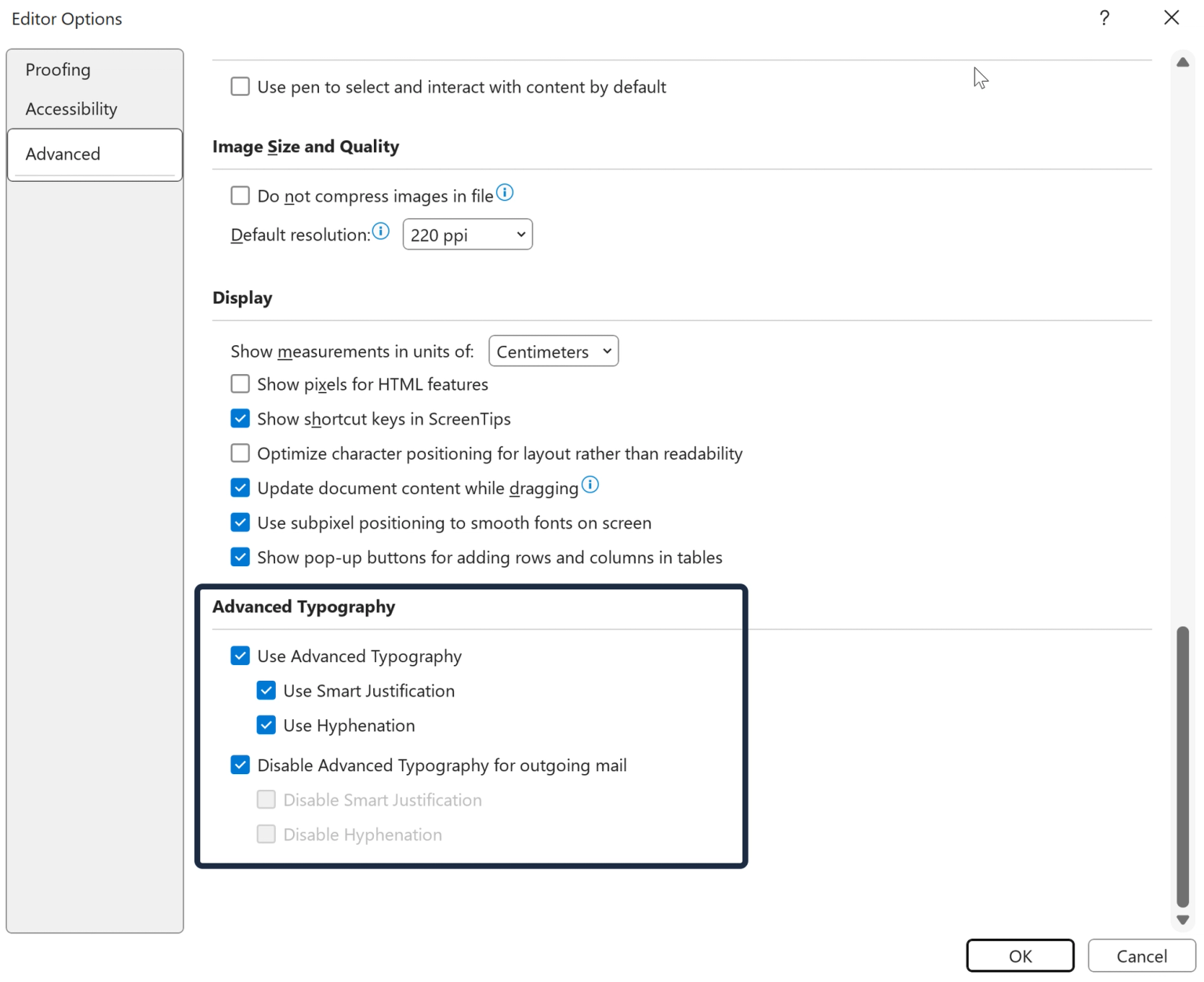 How to turn off the new Microsoft Advanced Typology features