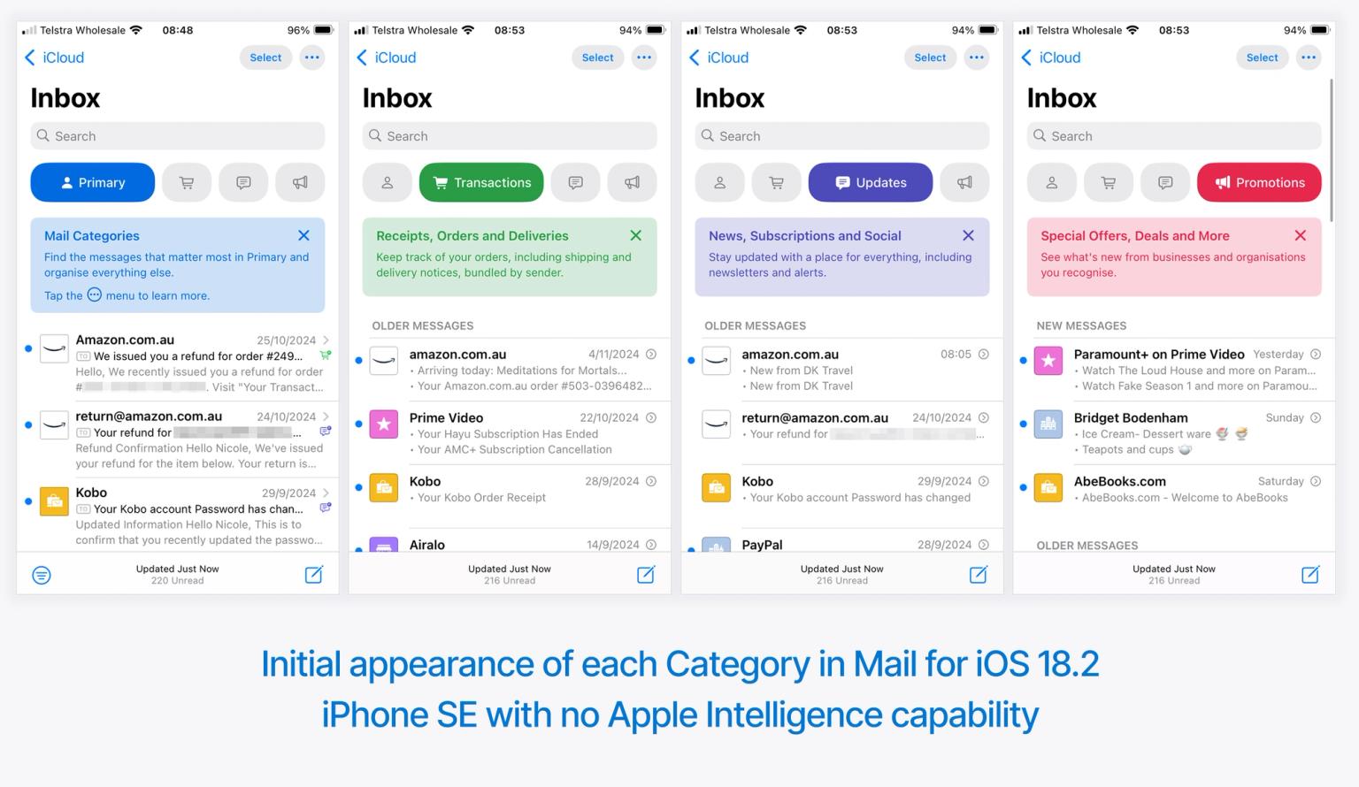 Initial appearance of each Category in Mail for iOS 18.2 iPhone SE with no Apple Intelligence capability