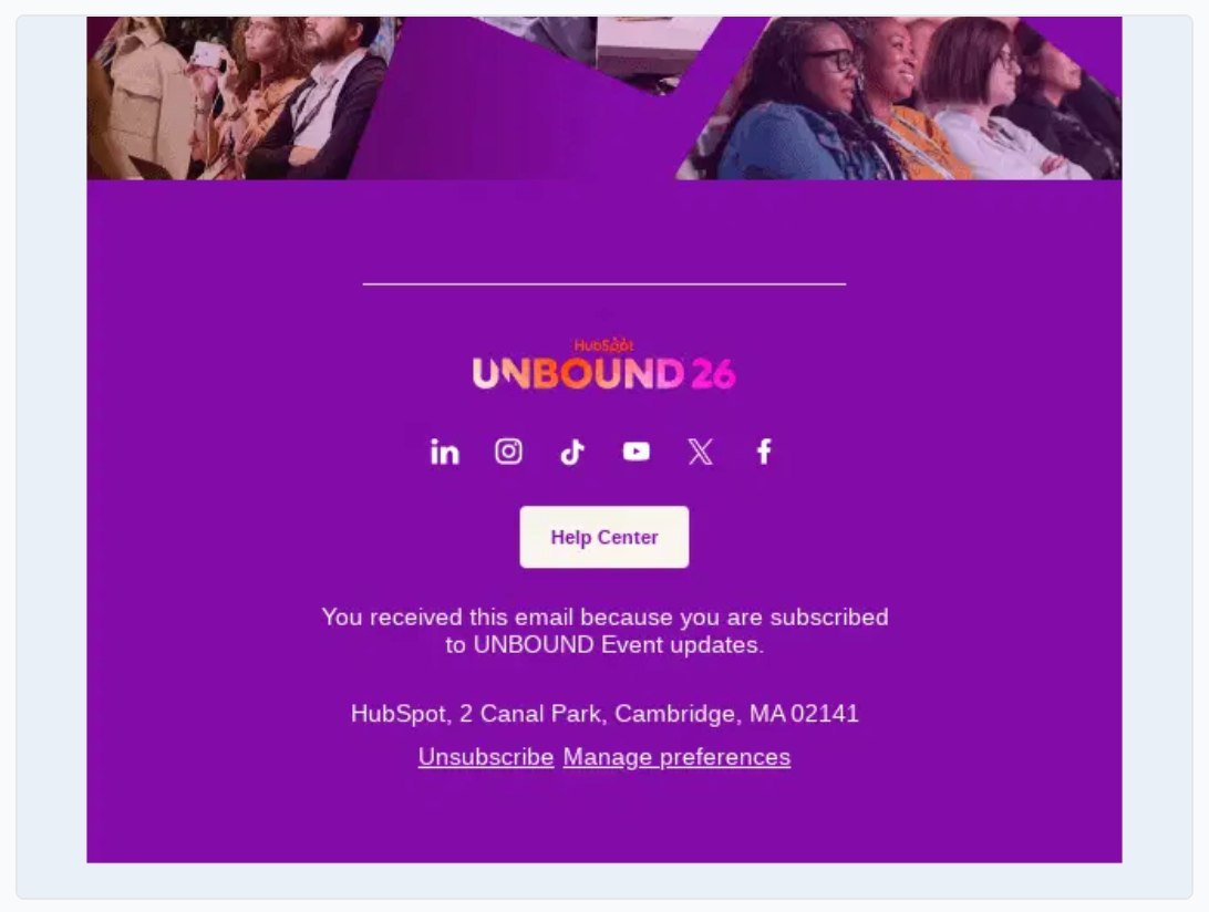 An event email footer for UNBOUND26 with social icons, a Help Center link, and "Unsubscribe" shown next to "Manage preferences," above the sender's mailing address.