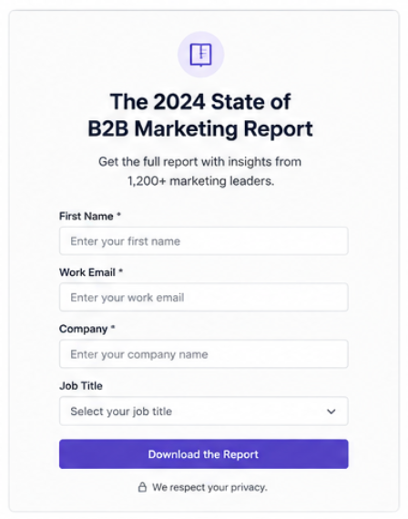 Marketo form for "The 2024 State of B2B Marketing Report" with four fields: first name, work email, company, and job title.