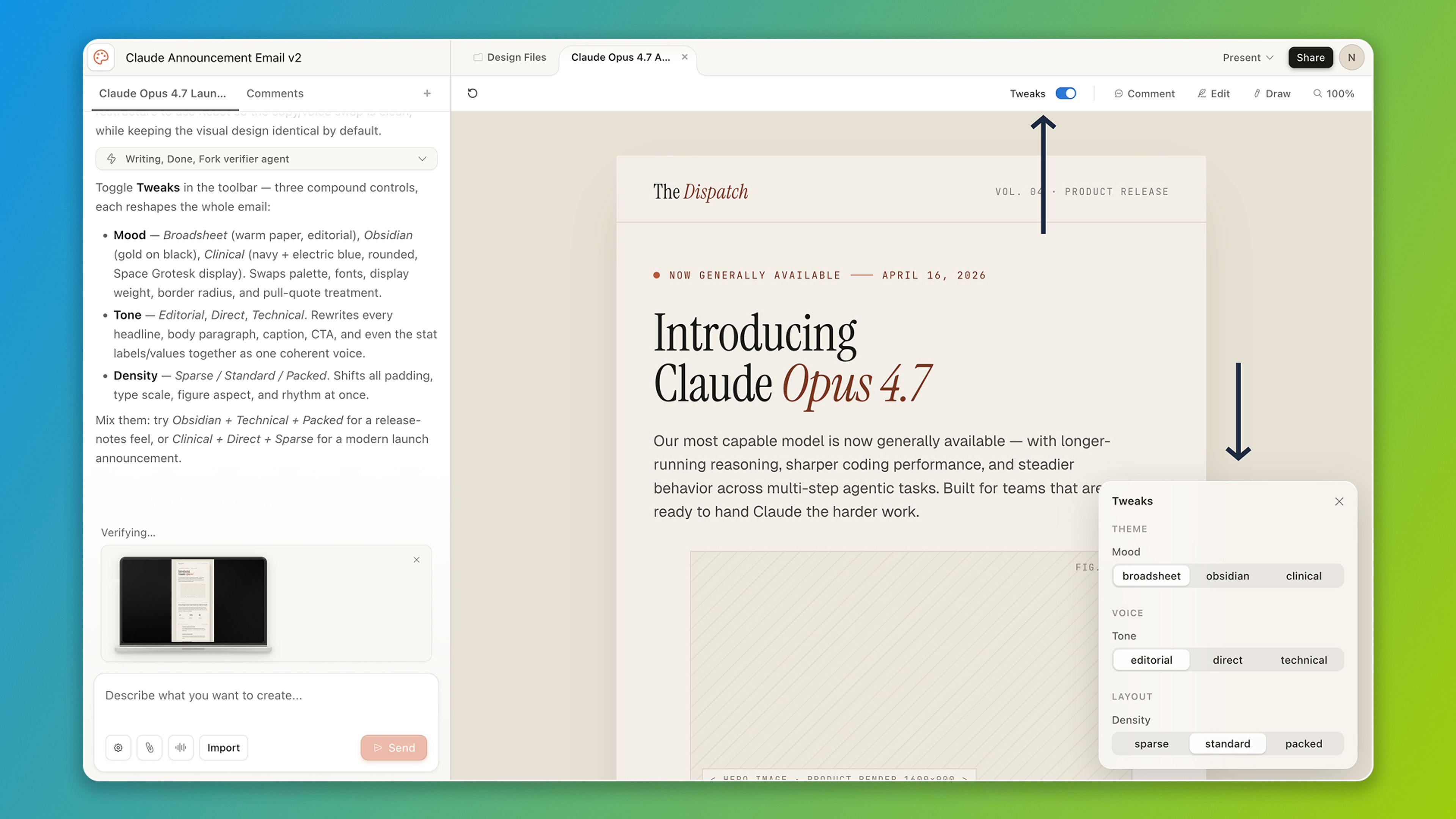 The Tweaks panel UI in Claude Design