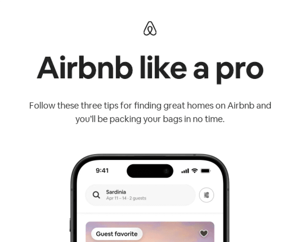 A minimal Airbnb email header with a small centered Airbnb logo above the headline "Airbnb like a pro" on a white background.
