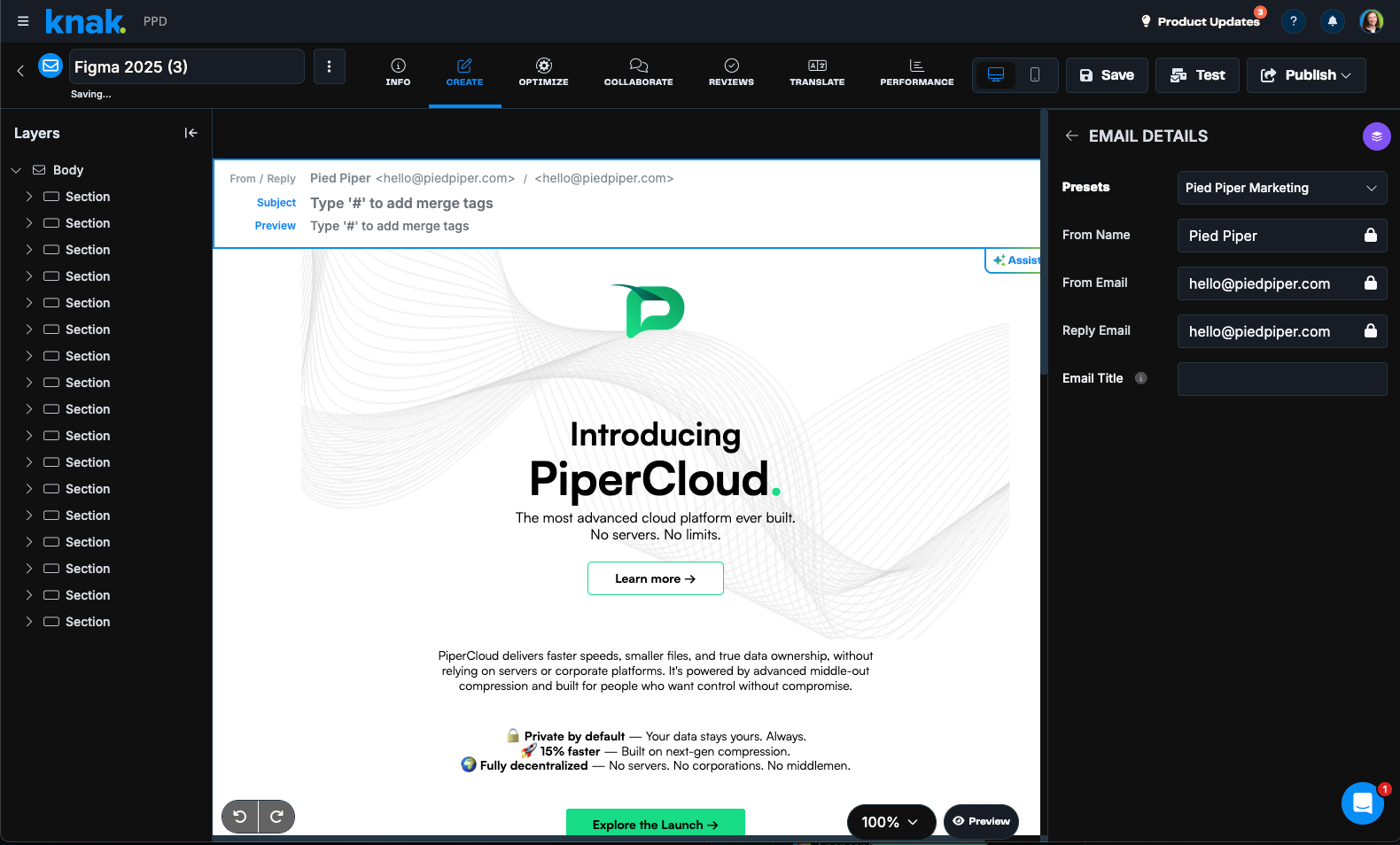 Figma to Knak email ready to send to HubSpot