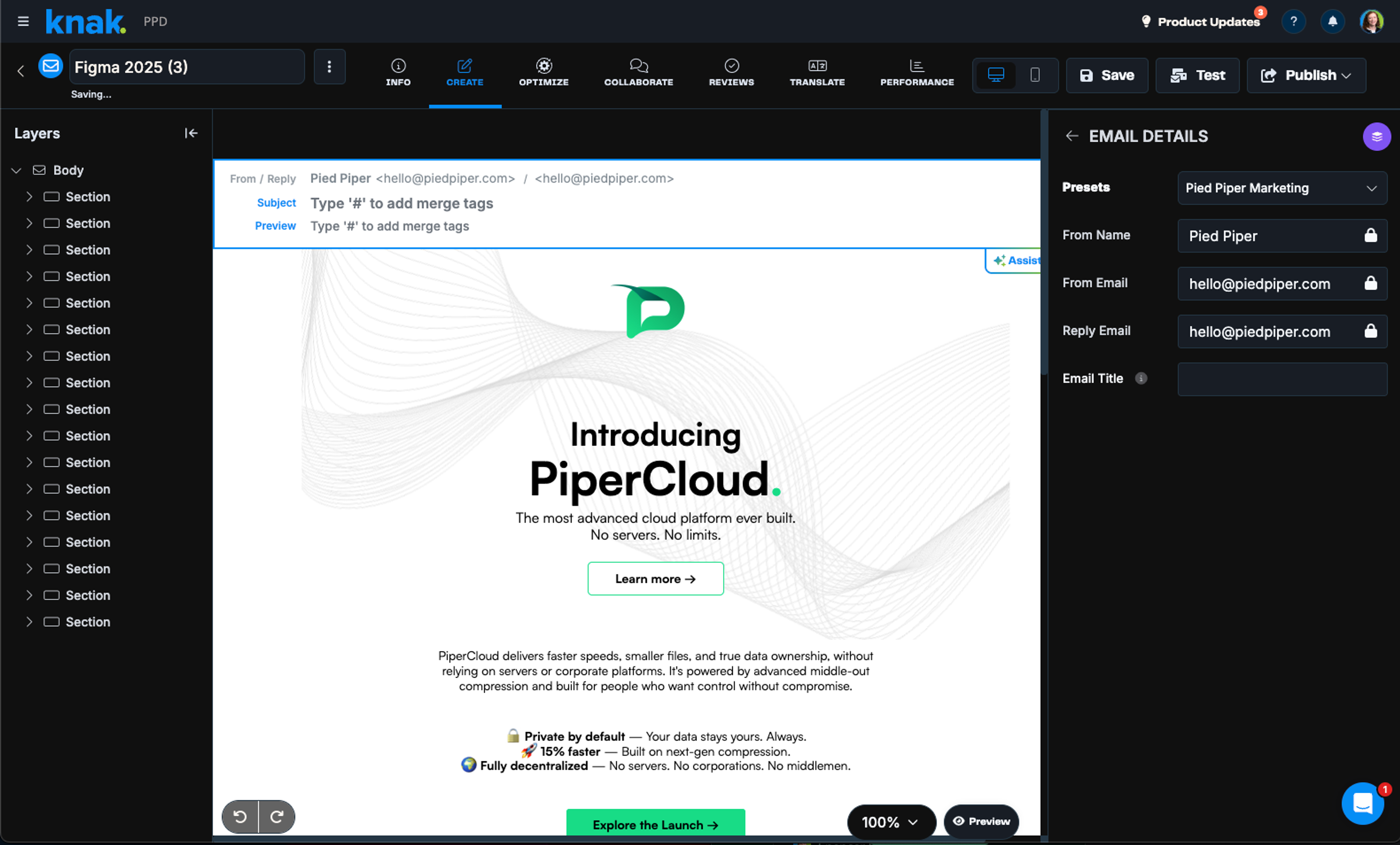 Figma to Knak email ready to send to HubSpot