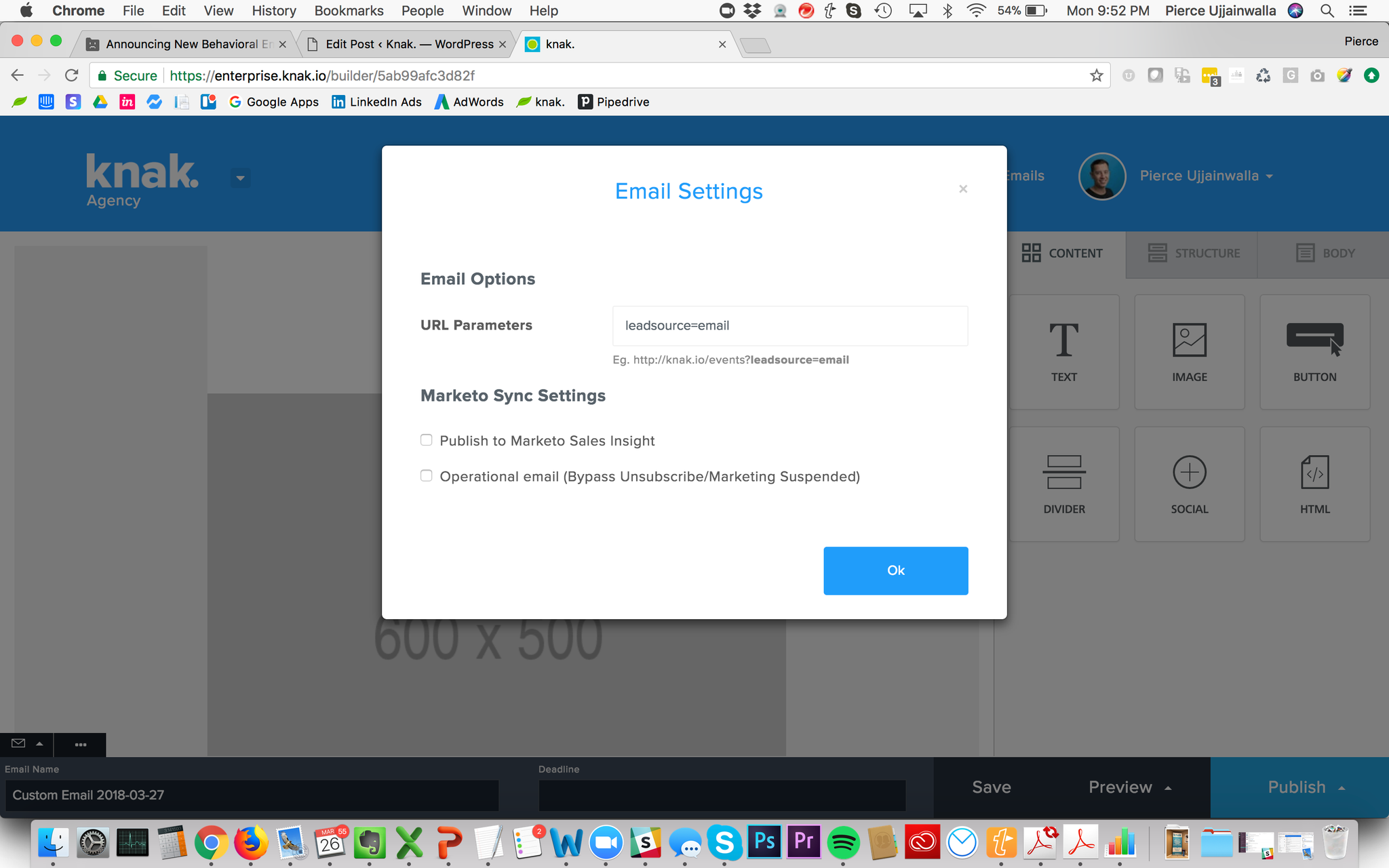 Set email settings from Knak