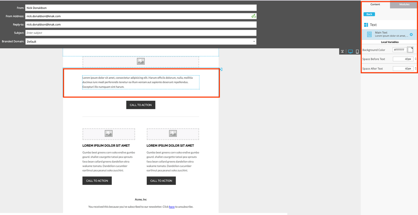 Image highlighting a mktoText content block pulled from an out-of-the-box Marketo template