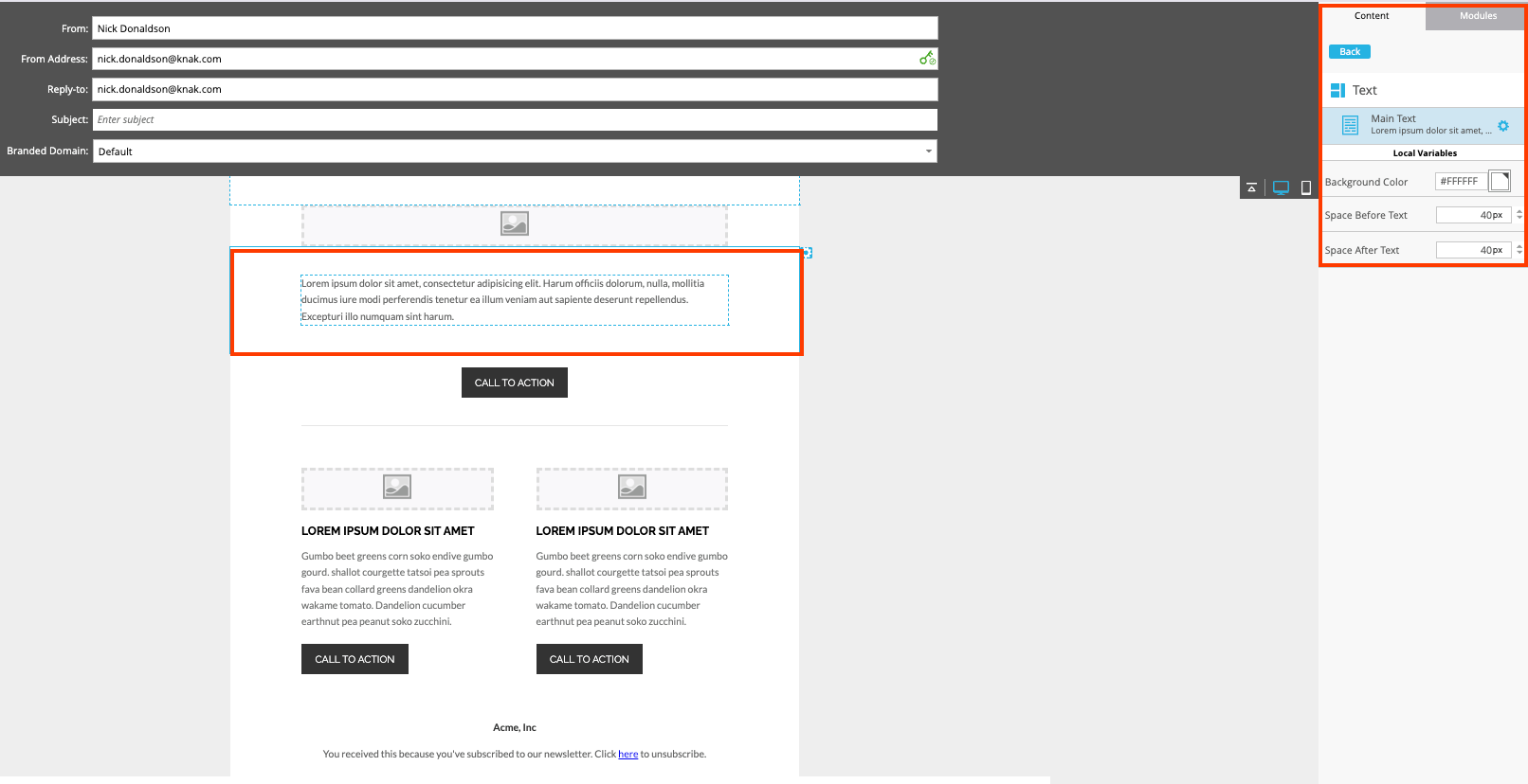 Image highlighting a mktoText content block pulled from an out-of-the-box Marketo template
