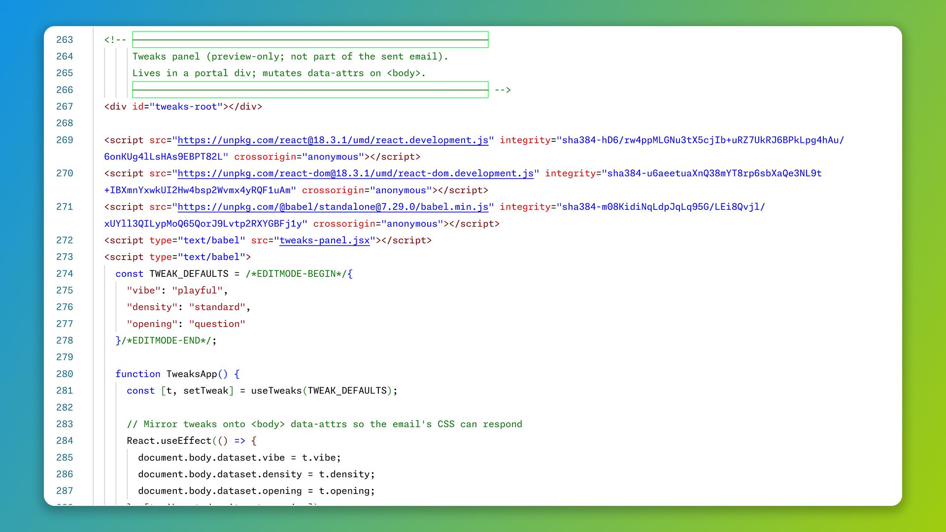 Code view of the JavaScript that Tweaks adds to the export