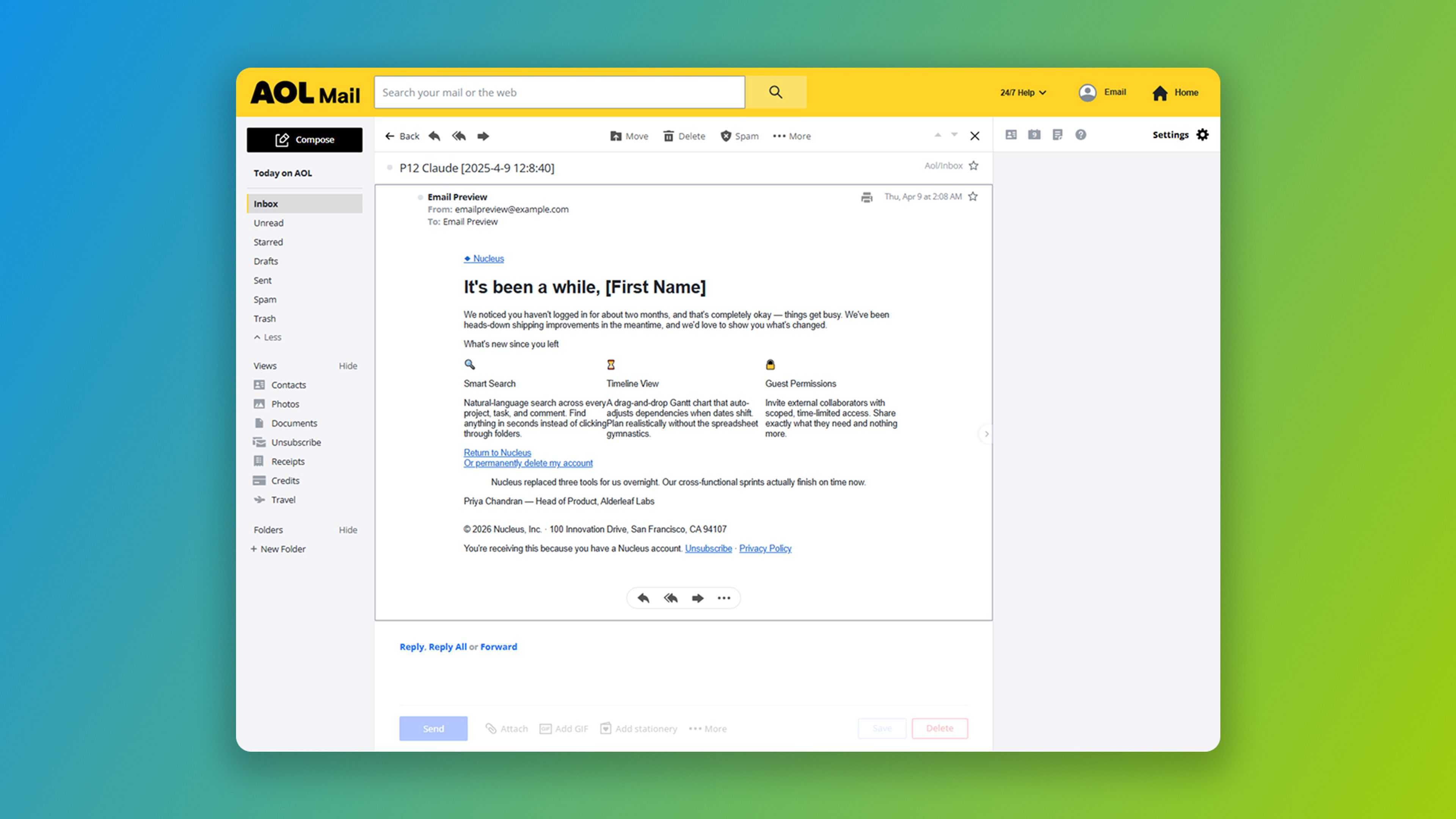 Claude's complex re-engagement email in AOL Mail.
