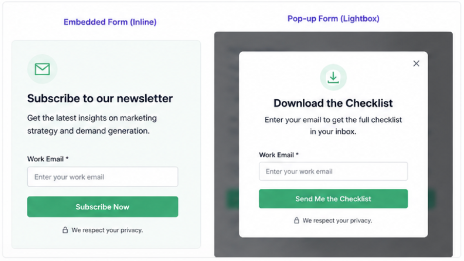 Two Marketo forms side by side. An inline "Subscribe to our newsletter" form on the left and a lightbox "Download the Checklist" pop-up form on the right.