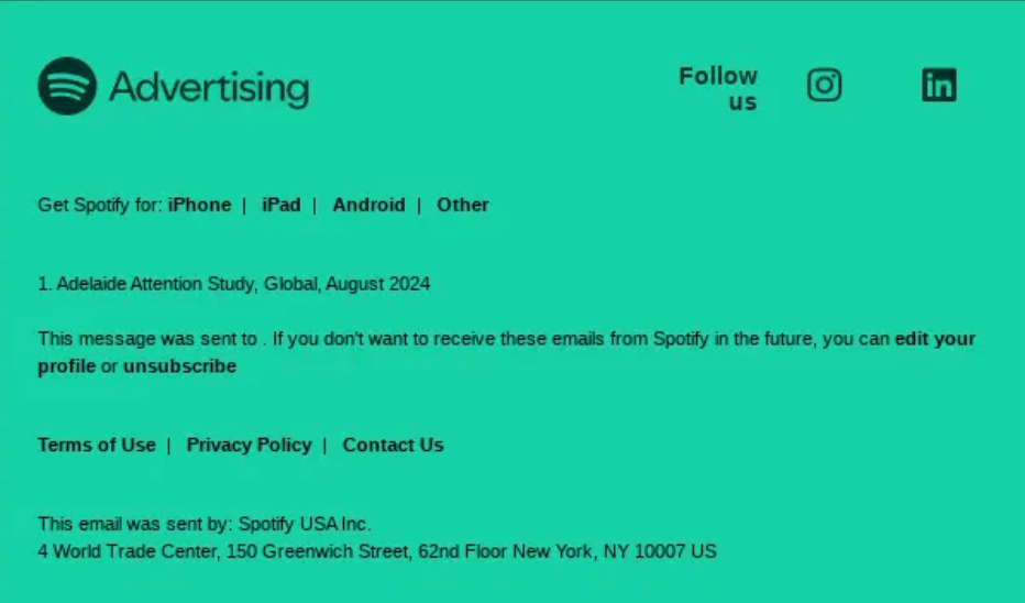 A lighter take. Platform links and social icons share the footer with the unsubscribe and privacy links, kept simple.