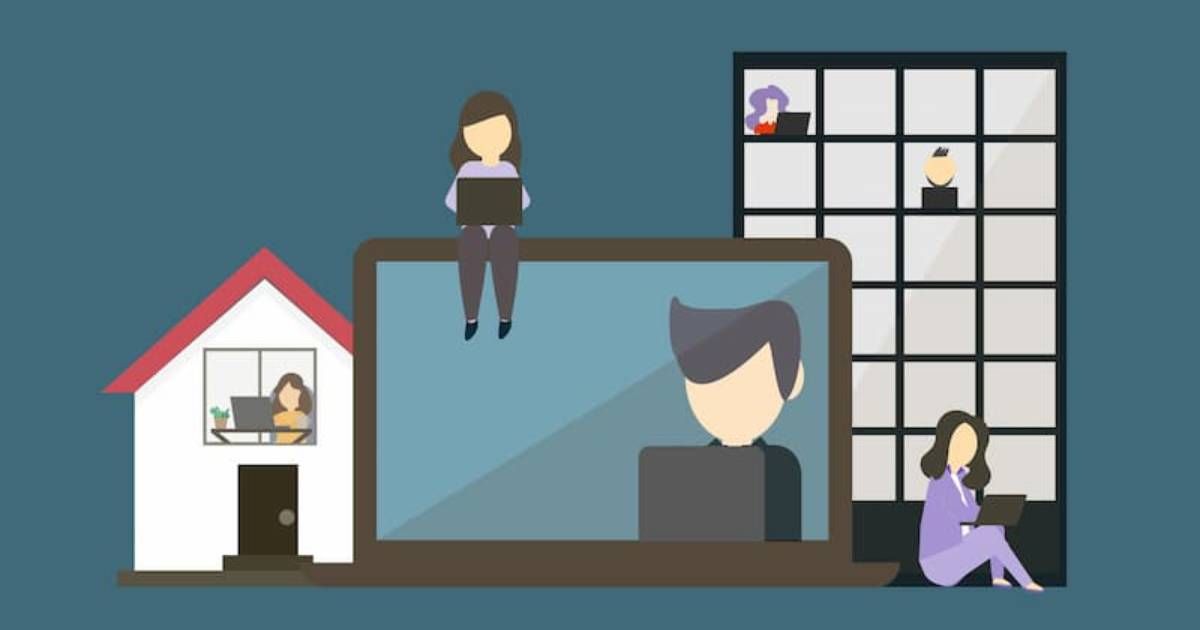 Graphic of employees working at home and in office