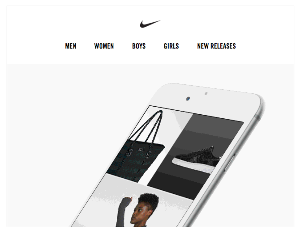 A Nike email header with the Nike swoosh logo centered above a row of text links reading Men, Women, Boys, Girls, and New Releases.