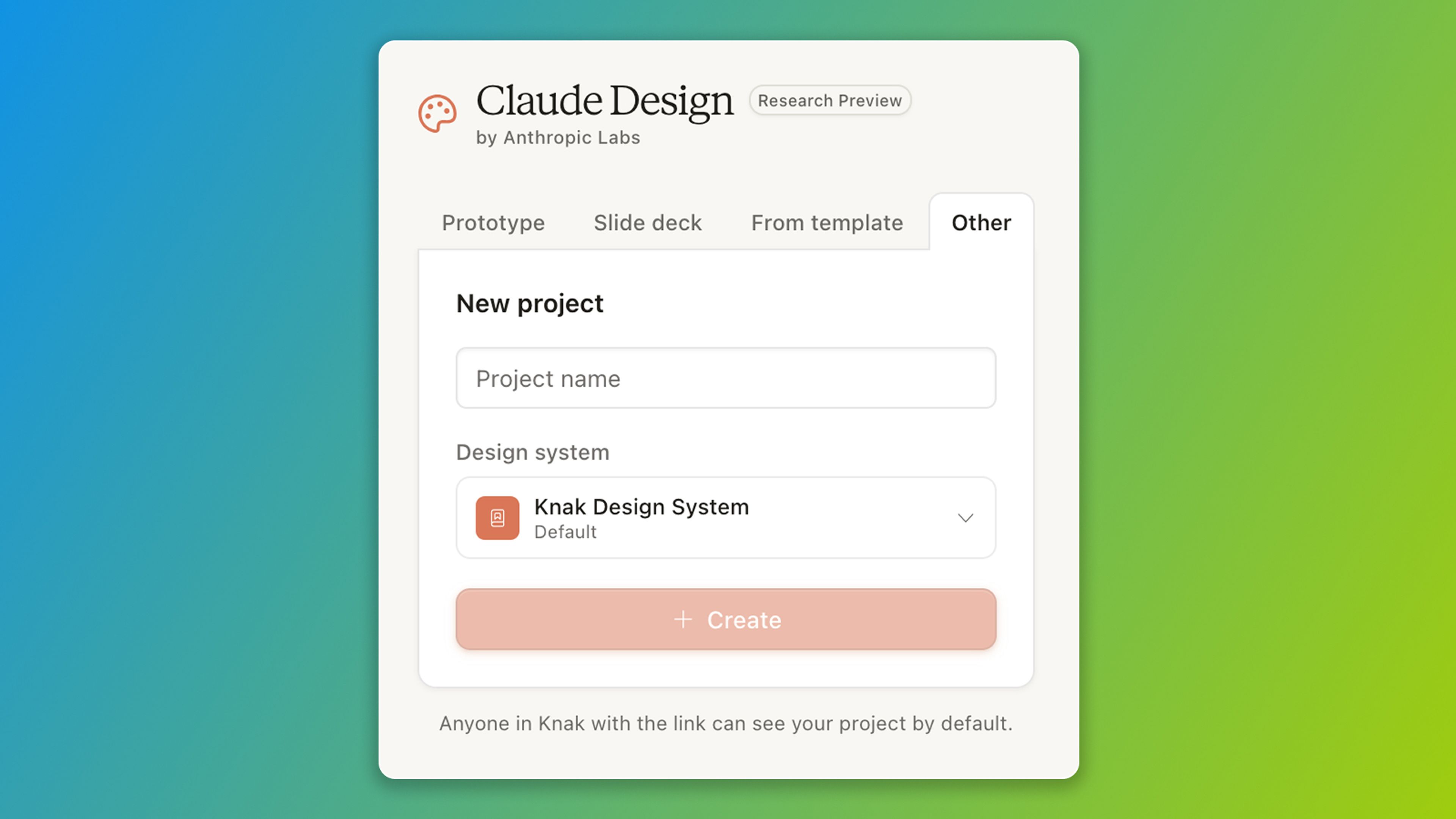 Claude Design session start screen with the "Other" tab highlighted