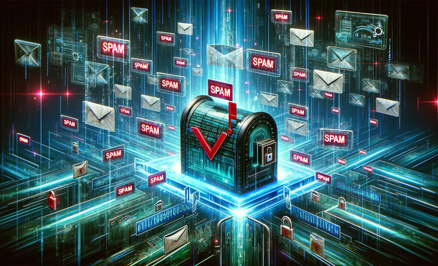 Illustration of a matrix-like environment where emails labelled as spam are approaching an inbox.