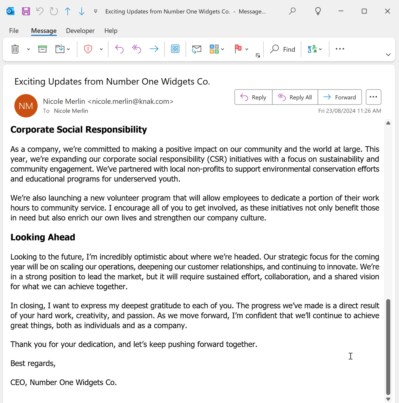 Everyday business email in Microsoft Outlook with the new Advanced Typography feature