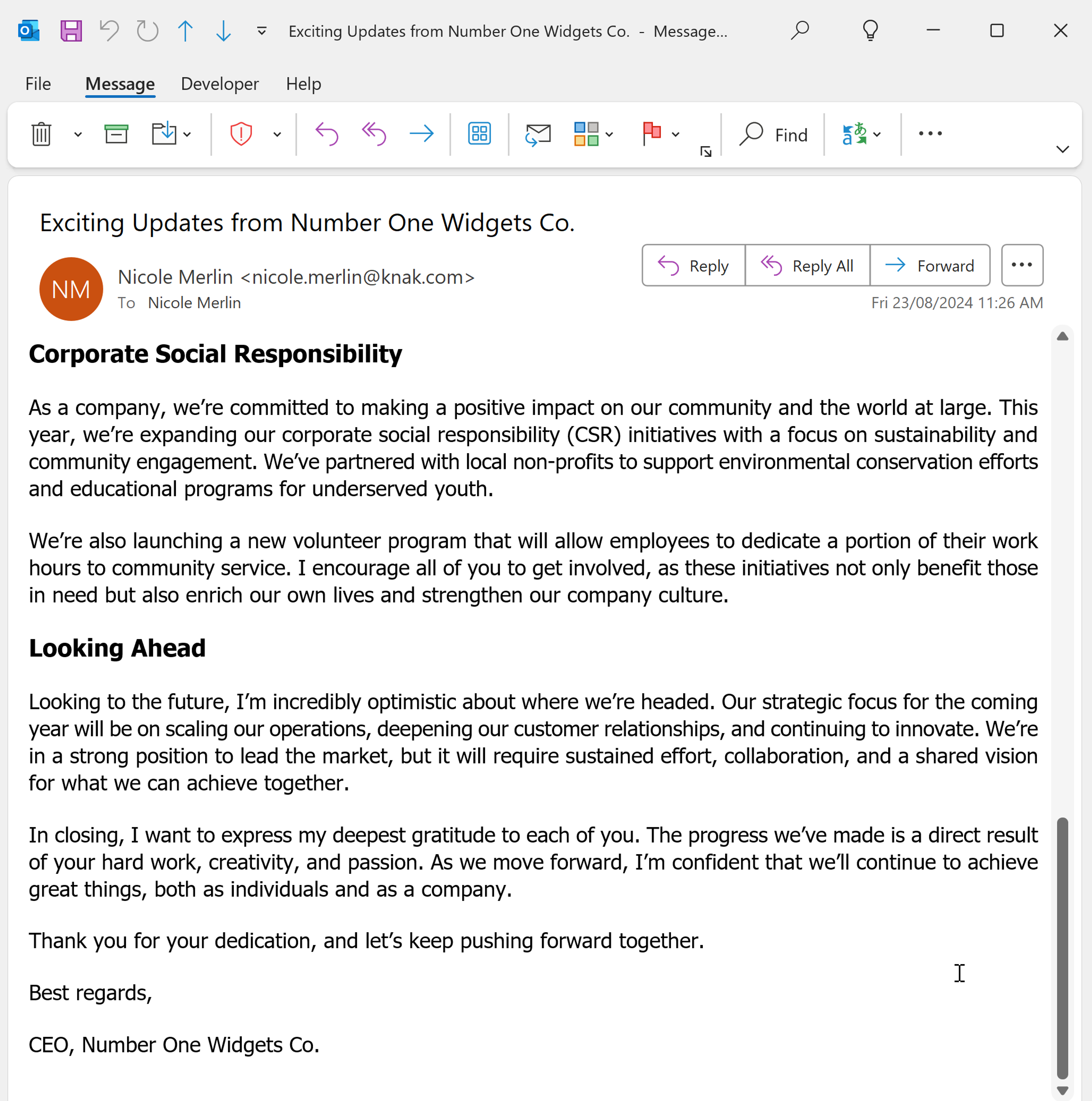 Everyday business email in Microsoft Outlook with the new Advanced Typography feature