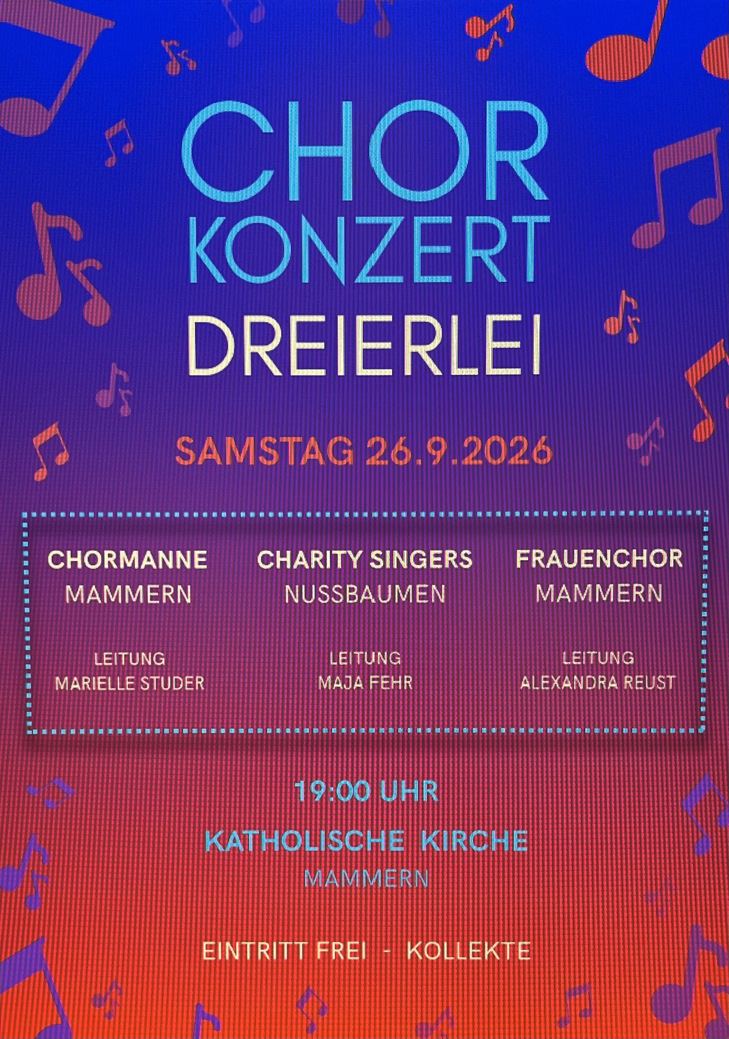 Chorkonzert "Dreierlei" vom 26. September 2026 in der katholischen Kirche Mammern