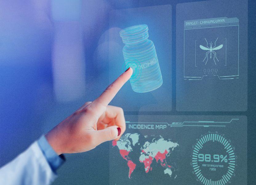 A hand points to a virtual image of a vial next to an image of a mosquito and an incidence map