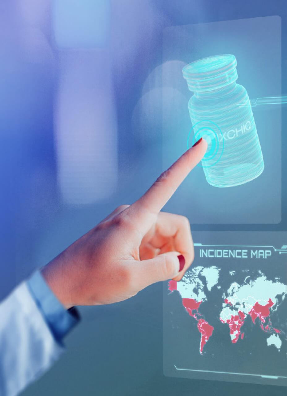 A hand points to a virtual image of a vial next to an image of a mosquito and an incidence map