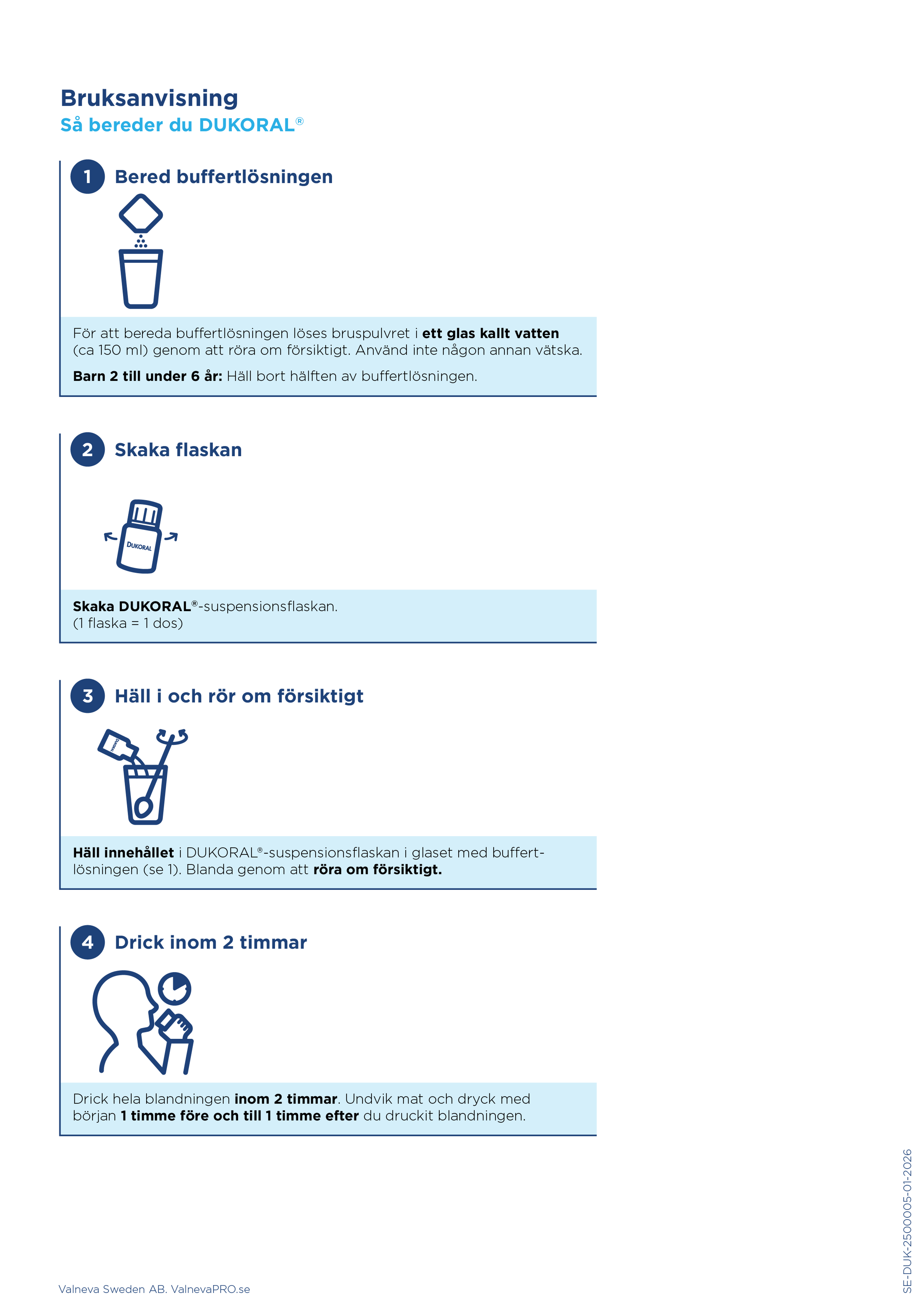 DUKORAL beredning, bruksanvisning, hur man blandar Dukoral