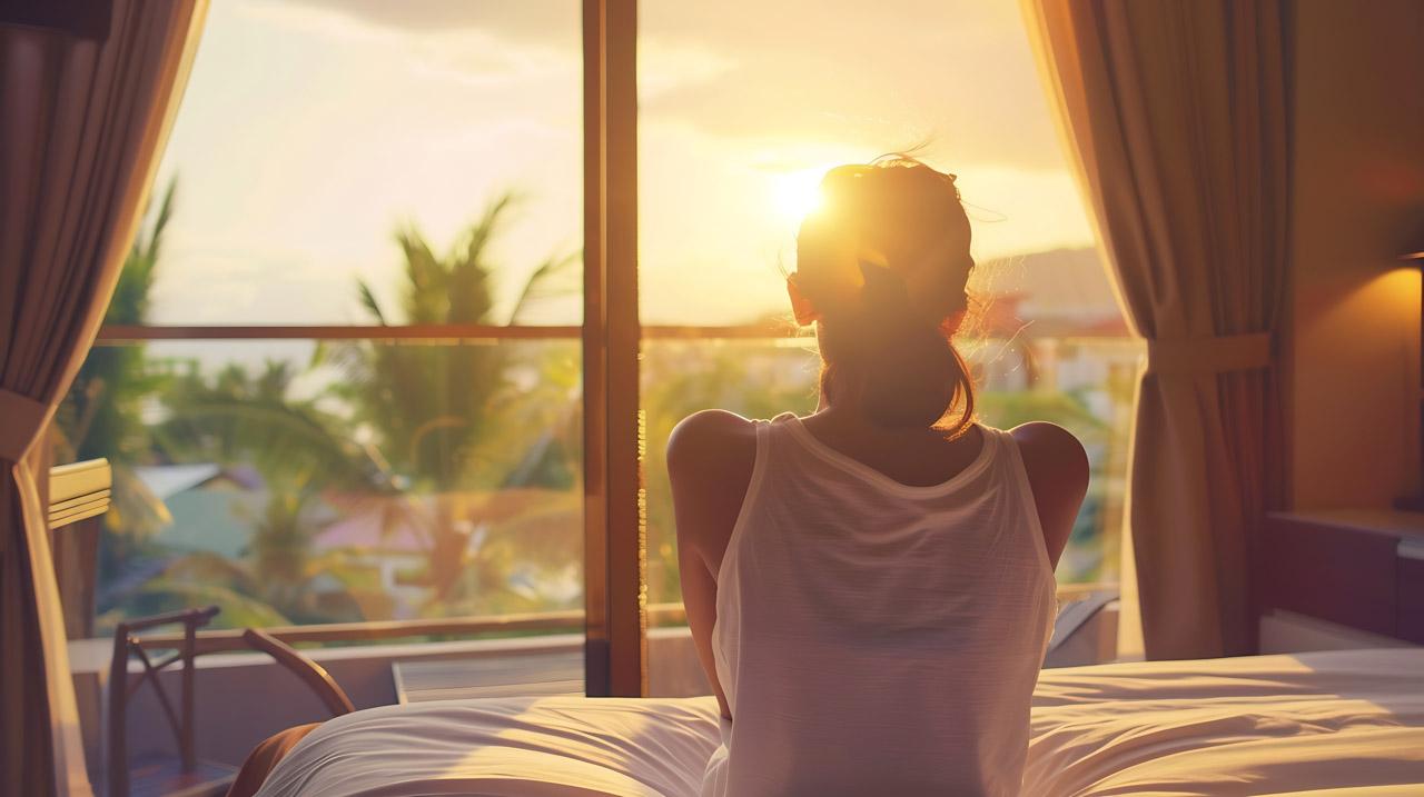 Woman sat on a bed looking out of a window at the sun