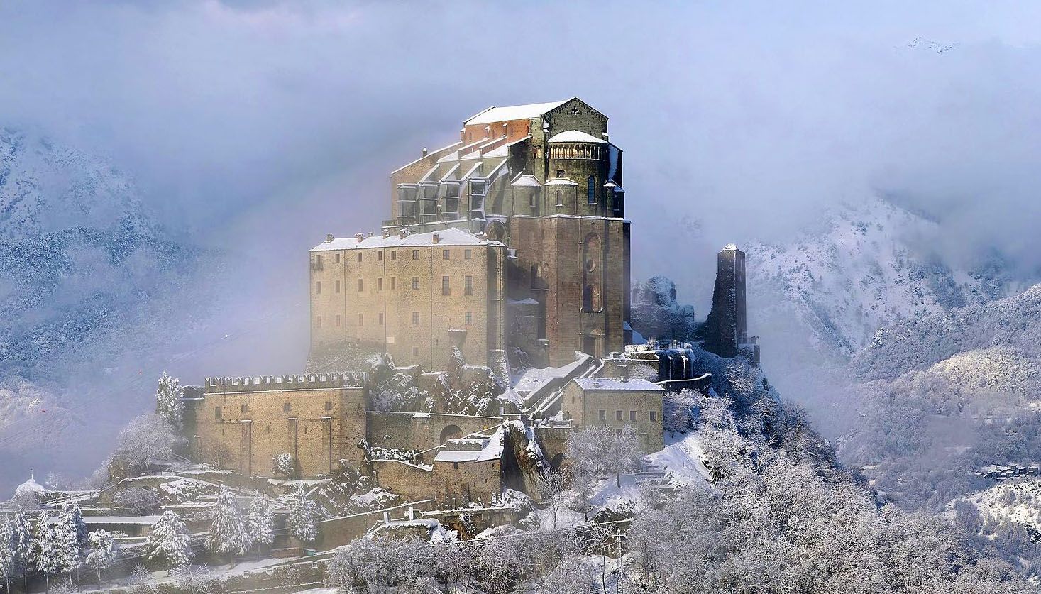 The Sacra di San Michele, is a religious complex on Mount Pirchiriano, situated on the south side of the Val di Susa overlooking the villages of Avigliana and Chiusa di San Michele. The abbey, which for much of its history came under Benedictine rule, is now entrusted to the Rosminians.