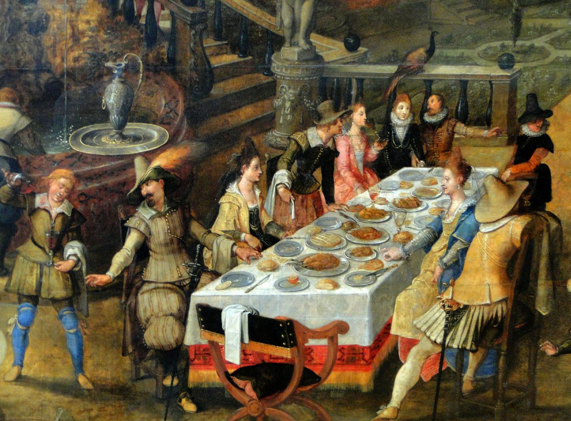 Most large feasts in the Renaissance had cooked swan and salmon. After the meal, hands were washed in a pool of lemon scented water. Spoons were used for soups, knives for meat and hands for everything else. Certain fingers were raised during dishes to allow clean fingers for the next dish.