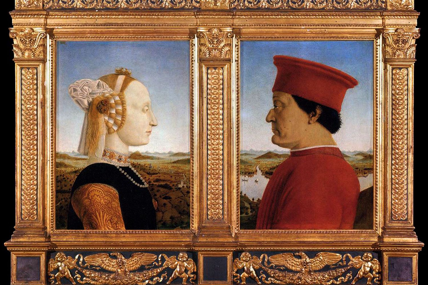Portraits of Federico da Montefeltro and his wife Battista Sforza by Piero della Francesca in the Uffizi Gallery in Florence.