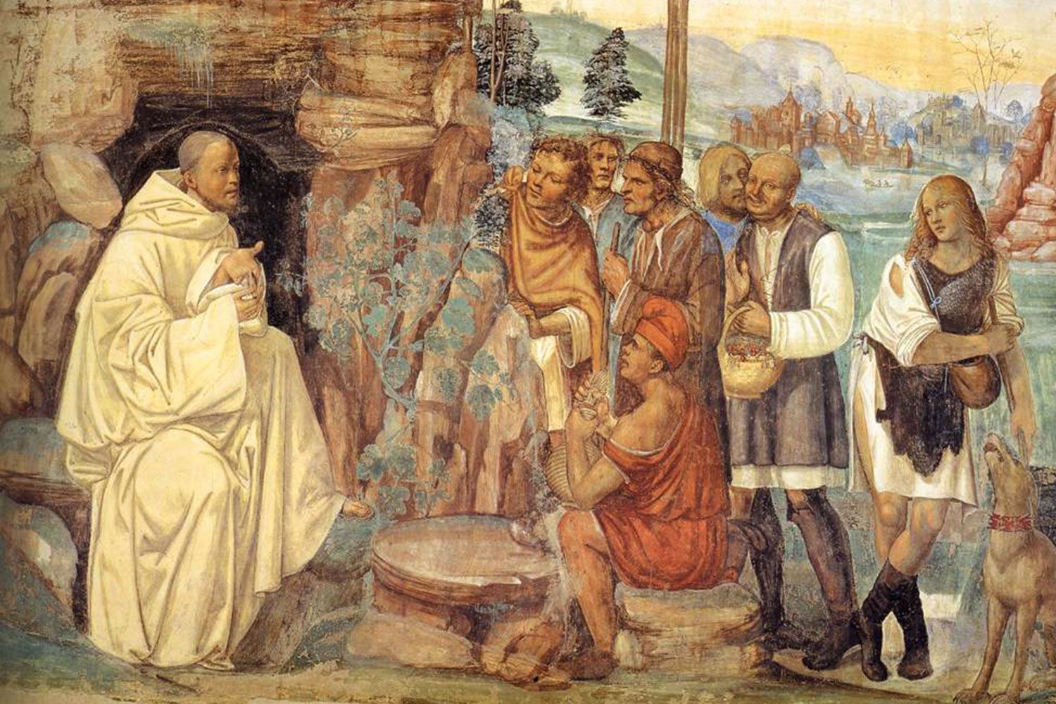Sodoma’s fresco cycle of the Life of St Benedict. Detail of Scene 7: “Benedict Instructs the Peasants” (1505-08). In the Abbey of Monteoliveto Maggiore near Siena. 